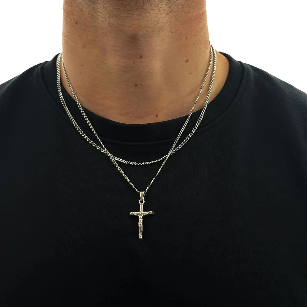 KRUZIFIX JESUS X CURB CHAIN SET (SILBER)